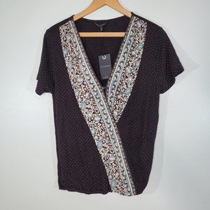 Lucky Brand Wildflower Surplice Black and Blue Polka Dot Floral V-Neck Top M